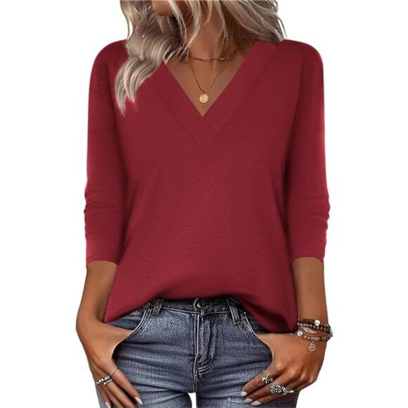 V-Neck Long Sleeve Top – Floral & Solid Casual Blouse - Picture 1 of 4